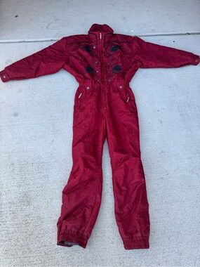 HEAD Vintage 80s Retro Ski Powder Suit Snowsuit Women rose embroidered sz 14
